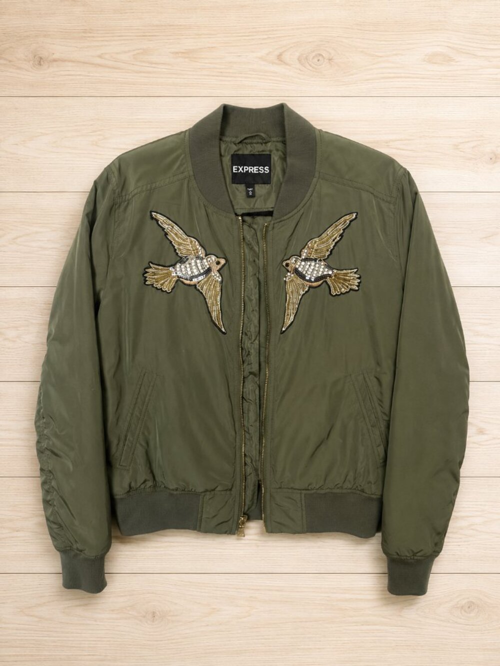 Express Olive Green Embroidered Bird Bomber Jacket | Military Utility Zip-Up | S